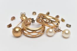 A PAIR OF 9CT GOLD HOOP EARRINGS AND OTHERS, openwork half hoop earrings with post and scroll