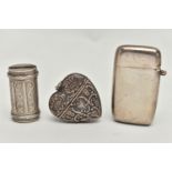 THREE STERLING SILVER AND WHITE METAL VESTA CASES, comprising an American plain rectangular example,