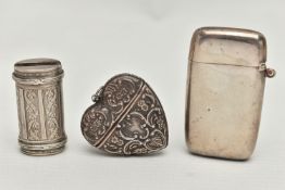 THREE STERLING SILVER AND WHITE METAL VESTA CASES, comprising an American plain rectangular example,