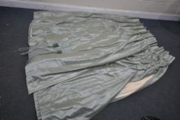 A PAIR OF MINT GREEN CURTAINS, drop 213cm