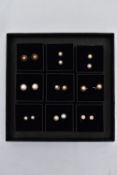 A BOX OF ASSORTED EARRINGS, nine pairs in total, to include seven pairs of cultured pearl stud