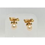 A PAIR OF 18CT GOLD, CULTURED PEARL DROP EARRINGS, each earring designed as a bow set with a small