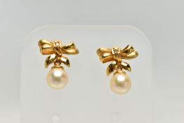 A PAIR OF 18CT GOLD, CULTURED PEARL DROP EARRINGS, each earring designed as a bow set with a small