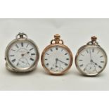 THREE OPEN FACE POCKET WATCHES, the first a manual wind silver pocket watch, white dial rubbed