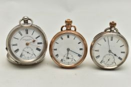 THREE OPEN FACE POCKET WATCHES, the first a manual wind silver pocket watch, white dial rubbed