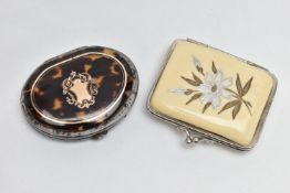 TWO SMALL COIN PURSES, comprising a 19th century tortoiseshell and polished steel purse with white