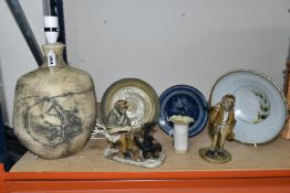 A GROUP OF ART POTTERY, comprising a Tremaen Pottery (Newlynn Cornwall) table lamp, height 37cm to