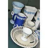 A GROUP OF WEDGWOOD CERAMICS, to include a creamware basket (sd, repair and loss), two Embossed