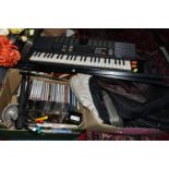 FIVE BOXES AND LOOSE KEYBOARD, CDS, BAGS AND SUNDRY ITEMS, to include a Yamaha Porta Sound PSS-390