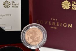 A 2019 ROYAL MINT BOXED GOLD PROOF FULL SOVEREIGN COIN, with certificate of authenticity