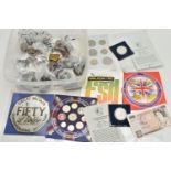 A PLASTIC BOX CONTAINING MAINLY MIXED UK COINAGE, to include a One Ounce 1998 silver Britannia, a