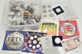 A PLASTIC BOX CONTAINING MAINLY MIXED UK COINAGE, to include a One Ounce 1998 silver Britannia, a