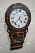 A LATE VICTORIAN WALNUT AND MARQUETRY INLAID DROP DIAL WALL CLOCK, with an enamel dial, with