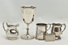 FIVE PIECES OF LATE VICTORIAN / 20TH CENTURY SILVER PLATE, comprising a goblet with beaded knopped