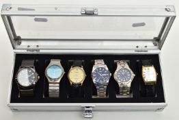 A WATCH DISPLAY BOX WITH WATCHES, six storage case with six gents wristwatches, to include three