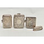 THREE LATE VICTORIAN SILVER RECTANGULAR VESTA CASES, all engraved with foliate designs, the engine