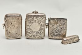 THREE LATE VICTORIAN SILVER RECTANGULAR VESTA CASES, all engraved with foliate designs, the engine