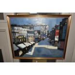 PRENTICE (20TH CENTURY) A CITYSCAPE WITH ADVERTISING HOARDINGS, signed and dated 1958 bottom