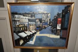 PRENTICE (20TH CENTURY) A CITYSCAPE WITH ADVERTISING HOARDINGS, signed and dated 1958 bottom