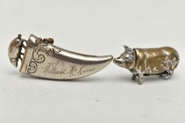 TWO NOVELTY BRASS VESTA CASES, the first in the form of a standing pig with hinge lid to neck, the