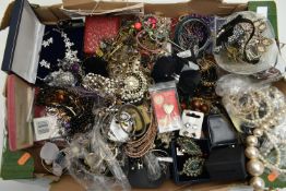 A BOX OF ASSORTED COSTUME JEWELLERY, to include beaded necklaces, bracelets, bangles, earrings,