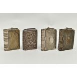 THREE NOVELTY SILVER PLATED VESTA / STAMP CASES OF BOOK FORM AND ANOTHER BOOK VESTA CASE, the