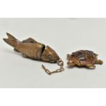 TWO NOVELTY BRASS VESTA CASES, the first in the form of a turtle, the lid hinged at the neck, with