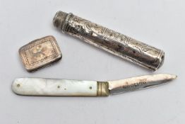 A GEORGE III SILVER POCKET APPLE CORER, detachable bright cut handle with vacant shield cartouche,