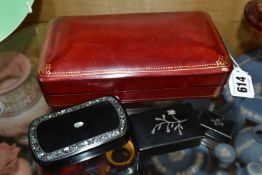 THREE 19TH CENTURY PAPIER MACHE SNUFF BOXES AND A MODERN ITALIAN TOOLED RED LEATHER COVERED
