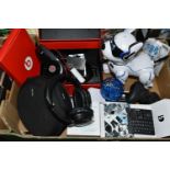 ONE BOX OF TECHNICAL GADGETS, to include a cased set of Philips noise cancelling headphones, a