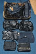 A BOX OF HANDBAGS, twelve black and navy bags by brands to include Luca Bocelli, Martinez (as new