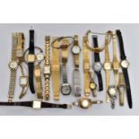 A PLASTIC BOX OF ASSORTED LADYS WRISTWATCHES, mostly quartz movements, used conditions, names to