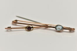 TWO GEM SET BAR BROOCHES, the first a rose gold bar set with an oval cut aquamarine in a collet