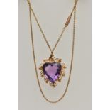 A YELLOW METAL AMETHYST PENDANT NECKLACE, heart cut amethyst, milgrain collet set within a