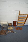 A SELECTION OF MISCELLANIOUS ITEMS, to include an oak bookshelf, painted wall shelf, a carved wood