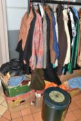 EIGHT BOXES AND LOOSE VINTAGE CLOTHING AND ACCESSORIES, to include shoes, bags, scarves, jackets