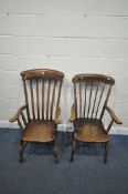 TWO BEECH/ELM EARLY 20TH CENTURY SPINDLE WINDOR CHAIRS, largest chair width 59cm x depth 65cm x