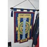 A MASONIC IONIC LODGE No 4560 BANNER, the dark blue silk background is decorated with several