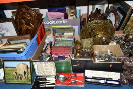 SIX BOXES OF ASSORTED SUNDRIES, to include a black shelving unit, framed photos and prints, cutlery,