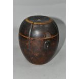 A GEORGE III STAINED FRUITWOOD MELON SHAPED TEA CADDY IN NEED OF RESTORATION, oval metal escutcheon,