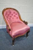 A VICTORIAN SPOONBACK CHAIR, with pink upholstery (condition:-fabric distressed)