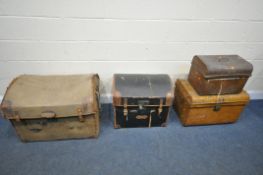 A VINTAGE LEATHER AND CANVAS DOMED STEAMER TRUNK, width 75cm x depth 57cm x height 60cm, another