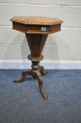 A LATE VICTORIAN WALNUT AND MARQUETRY INLAID OCTAGONAL TRUMPET SEWING TABLE, enclosing a fitted