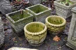 A PAIR OF SMALL WEATHERED COMPOSITE SQUARE BRICK PLANTERS, 25cm squared x height 25cm, and a pair of