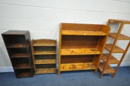 THREE VARIOUS OPEN BOOKCASE CASES, of various sizes and materials, largest bookcase width 101cm x
