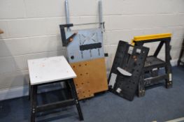 A WOLFCRAFT CLAMPING AND WORK TABLE model No unknown along with a folding Sawhorse and a small