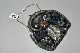 A FRENCH SEQUINNED EVENING BAG, probably 1920s/30s, the front having flowers and scrolling