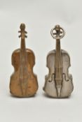 TWO BRASS VIOLIN VESTA CASES, both with hinged sprung striker bases, one with suspension loop,