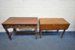 AN EDWARDIAN WALNUT SIDE TABLE, with two drawer, width 106cm x depth 50cm x height 74cm, a