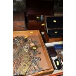 A QUANTITY OF COLLECTABLES, LOCKS, KEYS, 19TH CENTURY TEA CADDY AND TWO OTHER WOODEN BOXES,